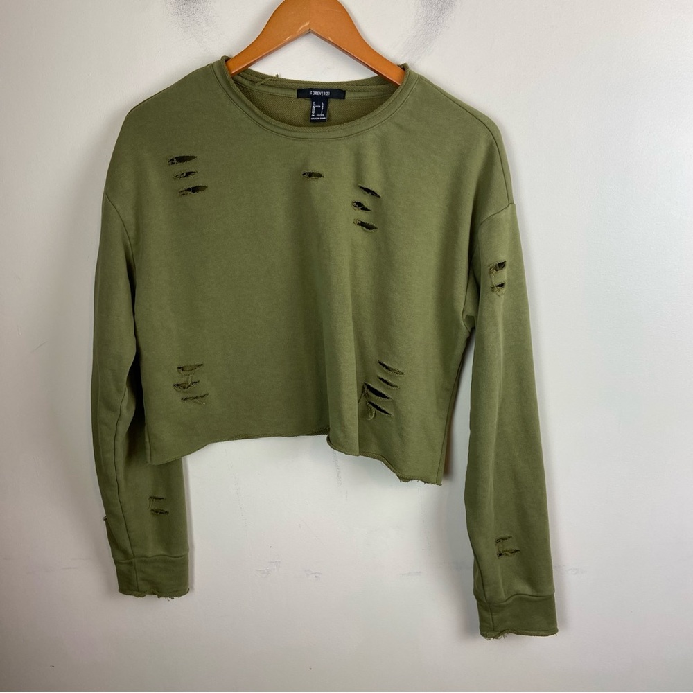 Forever 21 Green Distressed Raw Hem‎ Cropped Sweatshirt Pullover Grunge Sz Large